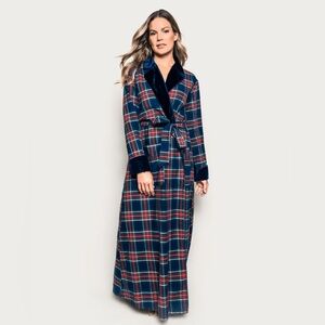 Petite Plume Women's Long Robe Size XS Velvet Trim Windsor Tartan Plaid